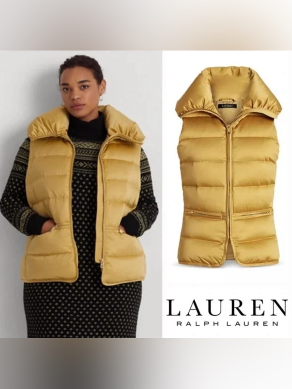 Lauren Ralph Lauren Satin Quilted Down Puffer Vest In gold Size 2X